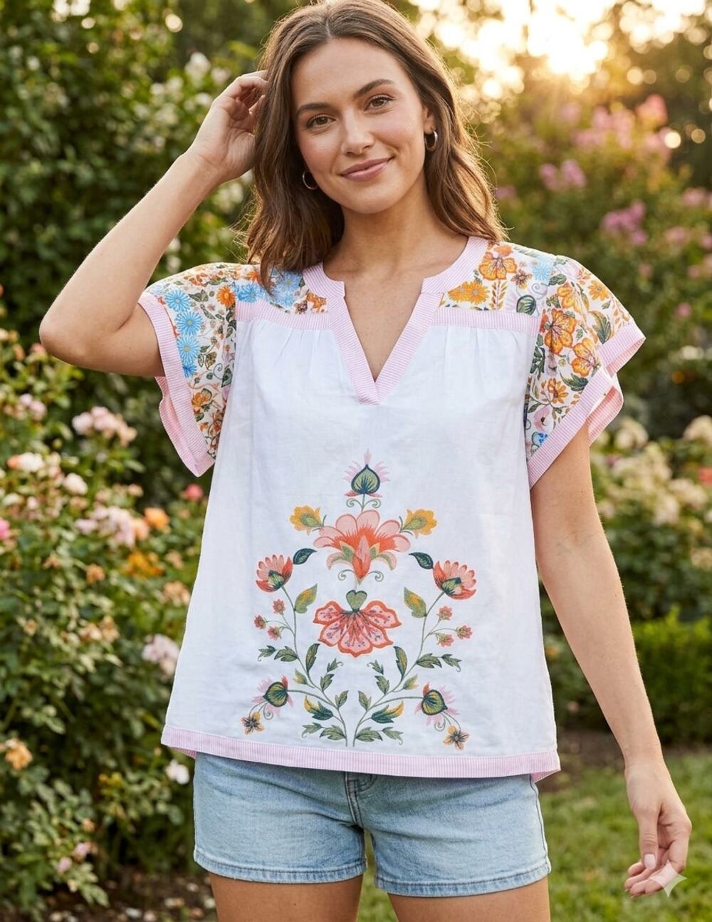 Cato White Floral Peasant Blouse Embroidered Flutter Sleeve Rayon Top Medium M